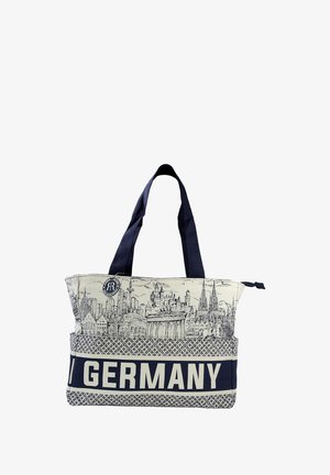 Canvas schoudertas met een illustratie van een Duitse stadsgezicht in marineblauw en crème, met de tekst "DUITSLAND" op het onderste deel en stevige handvatten.