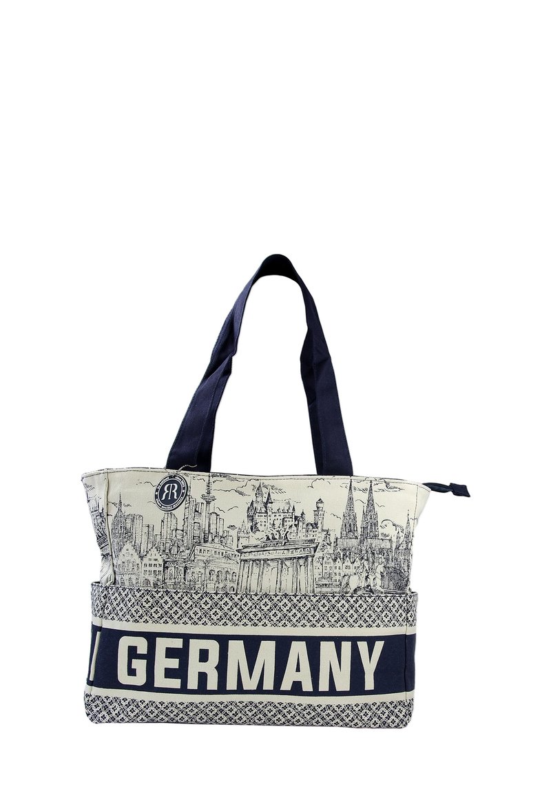 Canvas schoudertas met een illustratie van een Duitse stadsgezicht in marineblauw en crème, met de tekst "DUITSLAND" op het onderste deel en stevige handvatten.