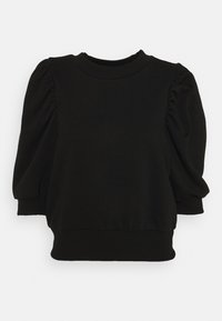 Black pullover sweater with puffed sleeves, ribbed neckline, and hem. Soft fabric with a relaxed fit and minimal design.
