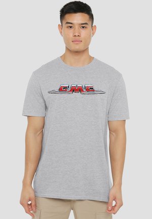 Gray cotton t-shirt featuring a bold, multicolored GMC logo centered on the chest. Short sleeves and a round neckline.