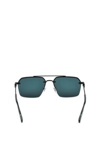 Lunettes de soleil à monture métallique noire avec des verres rectangulaires teintés foncés et des plaquettes de nez réglables, vues de face sur fond blanc.