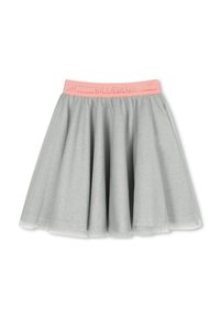 Jupe en tulle grise avec une ceinture élastique rose. Elle présente un design superposé et un léger éclat, offrant une silhouette évasée.