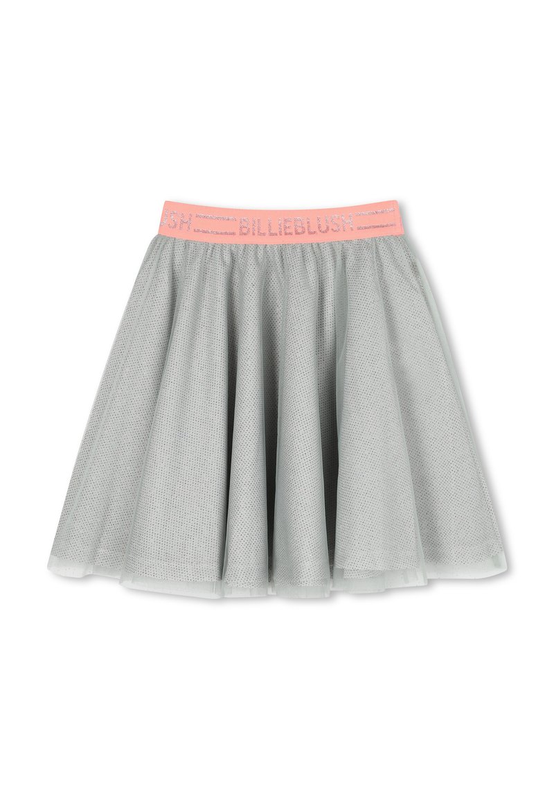 Jupe en tulle grise avec une ceinture élastique rose. Elle présente un design superposé et un léger éclat, offrant une silhouette évasée.