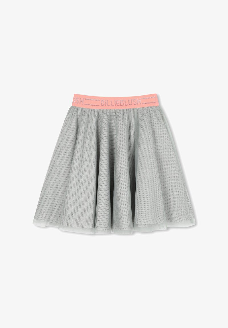 Jupe en tulle grise avec une ceinture élastique rose. Elle présente un design superposé et un léger éclat, offrant une silhouette évasée.