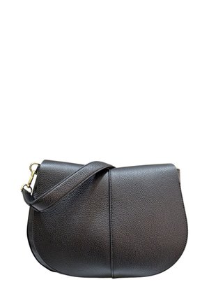 Borsa a spalla in pelle nera con forma arrotondata, superficie testurizzata, tracolla regolabile e chiusura in metallo dorato.