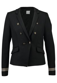 Svart dubbelknäppt kavaj med satinkragar, knappar i guldton och två framfickor. Har texturerade guldstrimmiga detaljer på ärmarna.