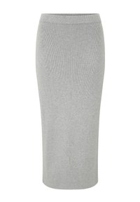 Šedá žebrovaná pouzdrová sukně s přiléhavým střihem, opatřená elastickým pasem a hladkou texturou. Vhodná pro různé příležitosti.
