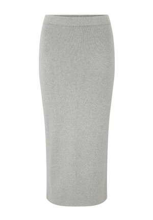 Šedá žebrovaná pouzdrová sukně s přiléhavým střihem, opatřená elastickým pasem a hladkou texturou. Vhodná pro různé p�říležitosti.