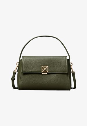 Sac à main en cuir texturé vert olive avec poignée supérieure, bandoulière détachable et fermoir géométrique doré sur le rabat avant.