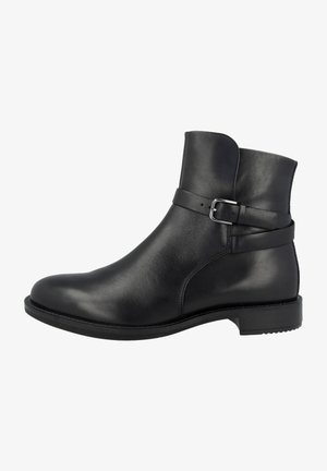 Schwarze Leder-Stiefelette mit glatter Textur, abgerundeter Zehenpartie und einem Schnallenriemen um den Knöchel. Robuste schwarze Gummisohle.