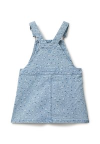 Světlé modré denimové šaty přes šaty s malým bílým a modrým květinovým potiskem, nastavitelné ramínka a přední panel.