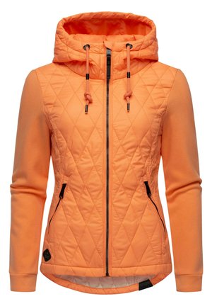 Quilted orange jacket with a hood, featuring a zip closure, drawstrings, side pockets, and ribbed cuffs. Soft fabric with diagonal stitching.