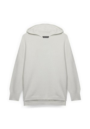 Felpa con cappuccio grigio chiaro con vestibilità comoda, maniche larghe e una texture morbida. Presenta un'etichetta frontale e un bordo a fascia per un design contemporaneo.