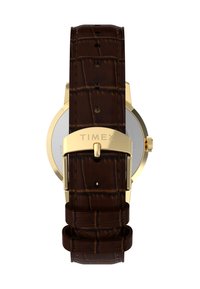 Hnědý řemínek s krokodýlím vzorem z kůže se zlatým nerezovým kováním a kulatým pouzdrem; západka nese název značky "TIMEX".