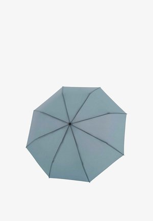 Offener hellblauer Regenschirm von oben betrachtet, zeigt acht Segmente und zentrale schwarze Nabe vor weißem Hintergrund.