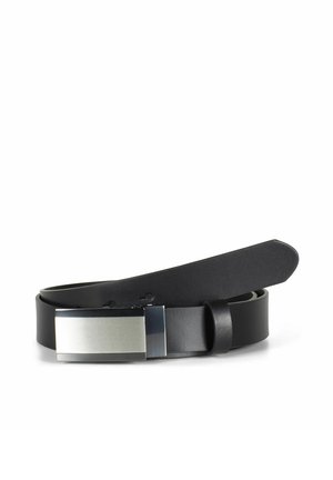 Sort skinnbelte med rektangulært sølvfarget metallspenne, rullet sammen med enden løst krøllet ved siden av.