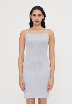 Gray ribbed dress with thin straps, fitted design, knee-length, smooth texture, and subtle shimmer accents throughout.