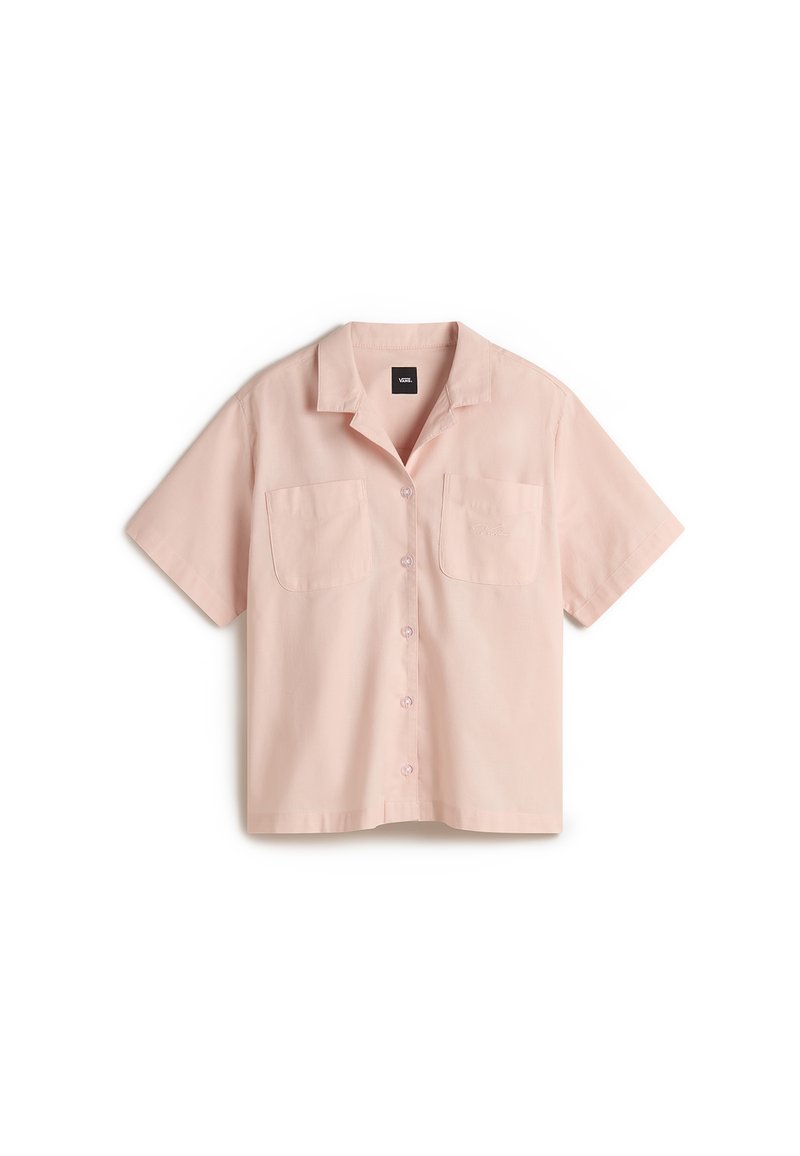 Korte mouw, collower shirt van lichtroze stof, met twee heupzakken en knoopsluiting, versierd met decoratieve stikdetails.