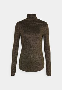 Langärmliges, lässiges Turtleneck-Oberteil in Dunkelbraun mit metallic schimmerndem Finish. Weicher Strickstoff, figurnaher Schnitt und flache Nähte. Keine sichtbaren Muster.