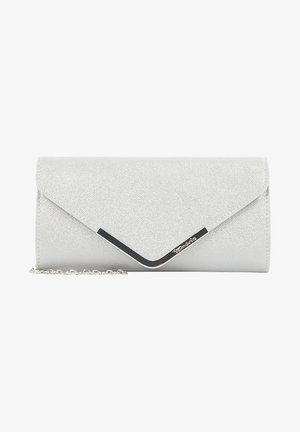 Silver envelope clutch made of textured material, featuring a black metal accent and a detachable chain strap for versatility.