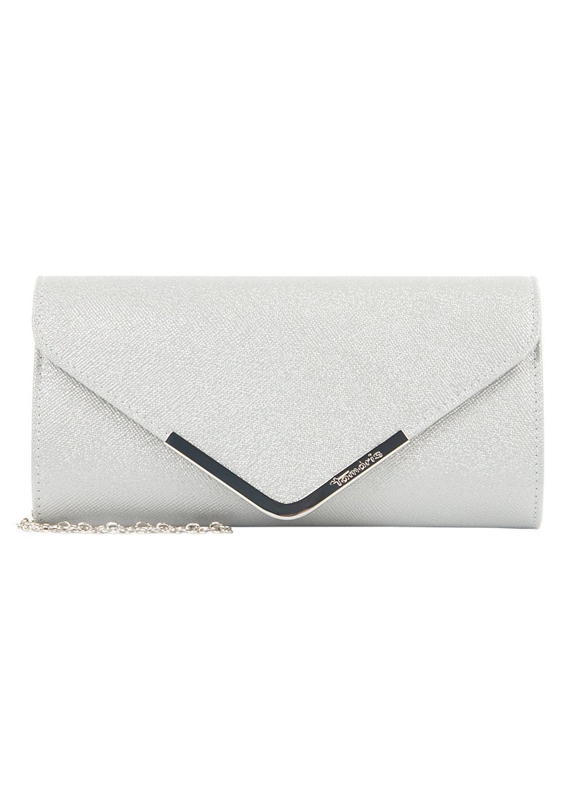 Clutch argento realizzato in materiale testurizzato, caratterizzato da un accento in metallo nero e una tracolla removibile per maggiore versatilità.
