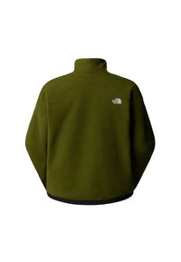 Sudadera de forro polar verde con cuello alto, dobladillo negro y logo en la parte superior de la espalda. Textura suave, corte relajado y diseño minimalista.