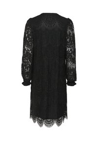 Black lace dress featuring long puff sleeves, intricate floral patterns, and scalloped hem. Lightweight, semi-sheer fabric with textured detail.