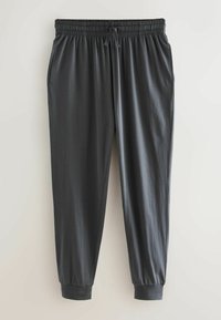 Sorte joggers med elastisk talje og snøre, der har formede stumpe manchetter, blødt stof og sidelommer. Glat tekstur og let design.