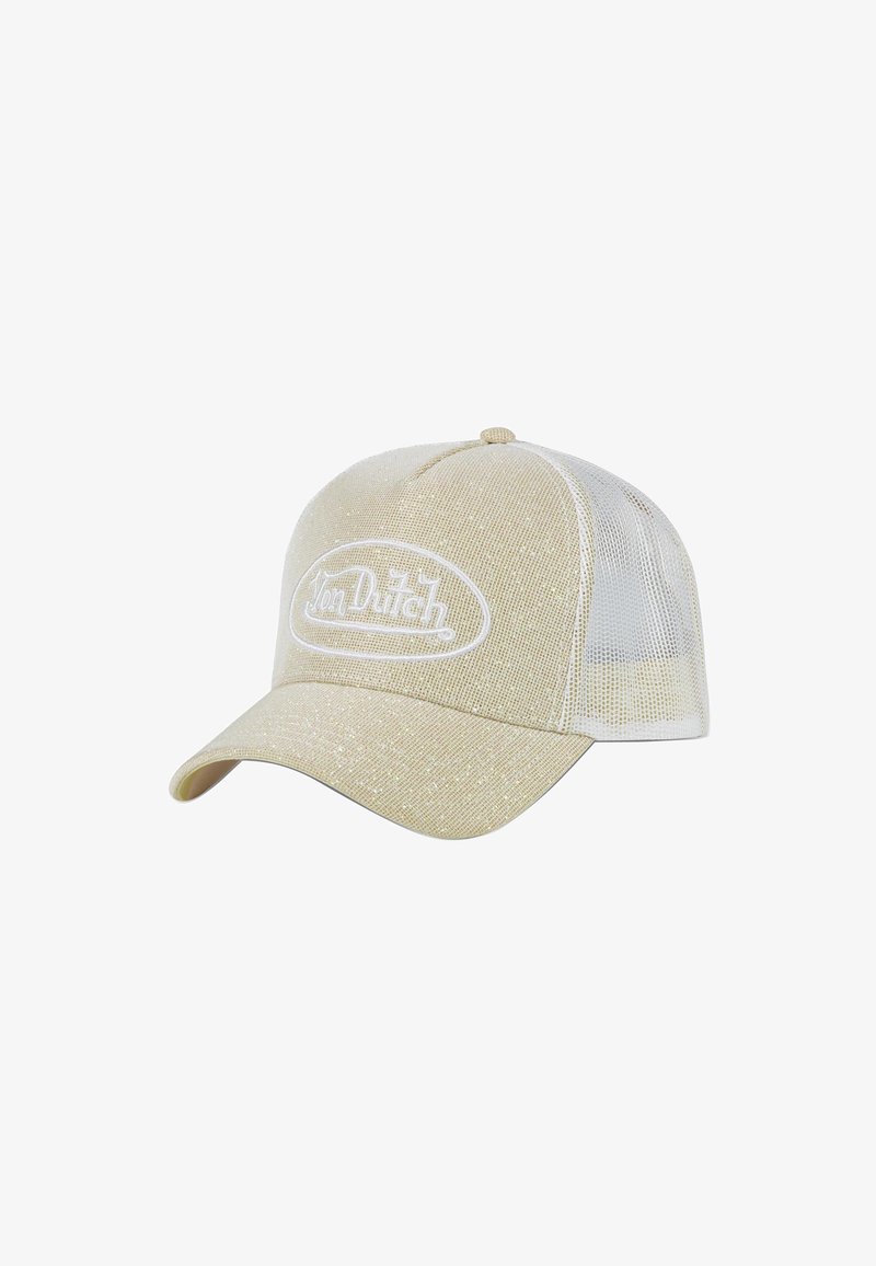 Gorra de béisbol de malla beige y blanca con visera curva y logo bordado "Von Dutch" en el panel frontal.