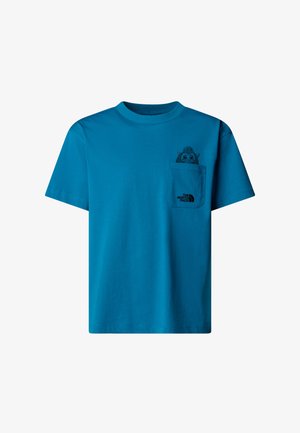 Turquoise cotton t-shirt with short sleeves, a crew neck, and a pocket featuring a black graphic of an owl and "The North Face" logo.