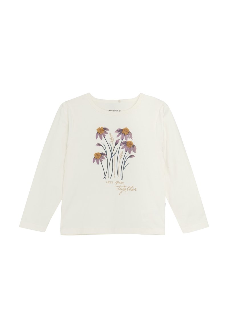 Langärmliges weißes T-Shirt mit einer bestickten floralen Grafik, die lila und gelbe Blumen zeigt, sowie dem Text "Lasst uns gemeinsam wachsen" in Gold.