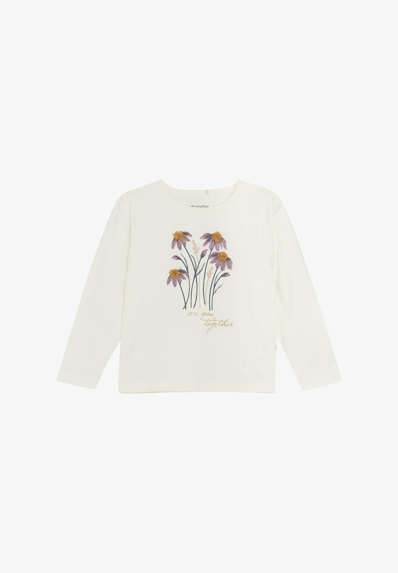 Langärmliges weißes T-Shirt mit einer bestickten floralen Grafik, die lila und gelbe Blumen zeigt, sowie dem Text "Lasst uns gemeinsam wachsen" in Gold.