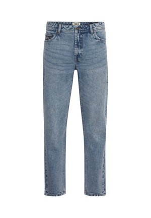 Light blue denim jeans with a straight-leg cut, five pockets, and a zip fly. The fabric has a subtle faded texture and slight whiskering details.