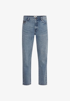 Jeans in denim azzurro chiaro con taglio a gamba dritta, cinque tasche e chiusura con zip. Il tessuto presenta una texture leggermente scolorita e dettagli di whiskering sottili.