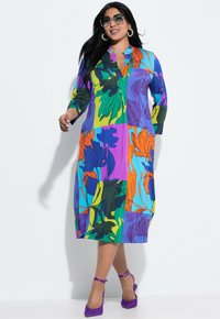 Pitkähihainen mekko, jossa on kirkkaista kukkakuoseista koostuva päällyste, jossa on violettia, vihreää, oranssia ja sinistä. Valmistettu kevyestä kankaasta, ja siinä on kaulus sekä napit.