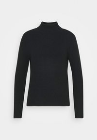 Pull à col roulé noir en maille côtelée à manches longues avec un motif en V subtil sur le devant.