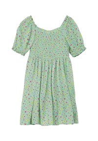 Grünes Baumwollkleid mit einem gerafften Oberteil, kurzen Puffärmeln und einem weit auslaufenden Rock mit einem mehrfarbigen Blumenmuster.