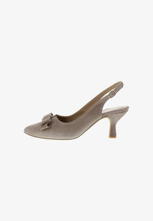Beiger Wildleder-Pumps mit Slingback, mittelhohem gebogenem Absatz und dekorativer Schleife an der spitzen Zehenpartie.