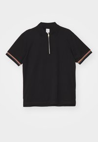 Polo noir à manches courtes avec une demi-fermeture éclair sur le devant et un bord à rayures multicolores sur les poignets des manches.