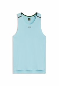 Top atletico senza maniche di colore azzurro chiaro con scollo rotondo, texture sottile, cuciture laterali e dettagli neri sulle spalle.