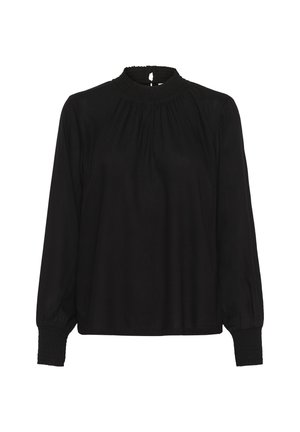 Zwarte blouse met lange mouwen en een hoge gerimpelde kraag, gemaakt van zachte stof, met geplooide details op de schouders en elastische manchetten.