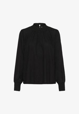 Svart långärmad blus med hög smockad krage, mjukt tyg, rynkade detaljer vid axlarna och elastiska ärmslut.