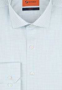 Lichtblauw gingham overhemd, katoenen stof, spitse kraag, enkele knoopzak, witte knopen, maatlabel leest "Mouw 7."