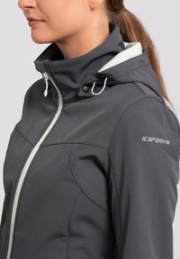 Giacca grigia resistente alle intemperie con colletto alto, cappuccio regolabile e dettagli della zip verde chiaro. Presenta un design aderente e dettagli con logo.