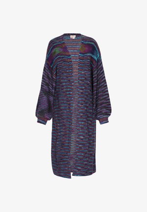 Avoin neuletakki monivärisessä neuleessa, jossa on violetteja, sinisiä ja vihreitä raitoja. Ominaisuuksiin kuuluu pitkät, tilavat hihat ja löysä istuvuus.