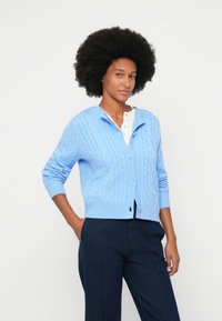 Debeszila adīšana kardigāns ar apkakli, kuram ir divi priekšējie pogas, adītā tekstūra un ribotas aproces, uzvilkts pāri balinātai krekla.