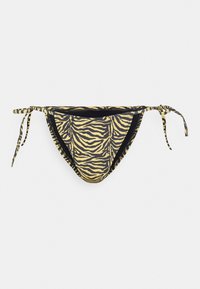 Parte inferior de bikini com padrão de animal em preto e amarelo, com laços ajustáveis de cada lado e uma textura suave. Apresenta uma forma clássica e interior forrado.