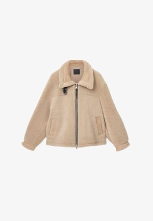 Béžová kožešinová bunda s límcem, zipovým zapínáním a dvěma předními kapsami. Disponuje hladkými textilními akcenty na ramenou a kapsách.