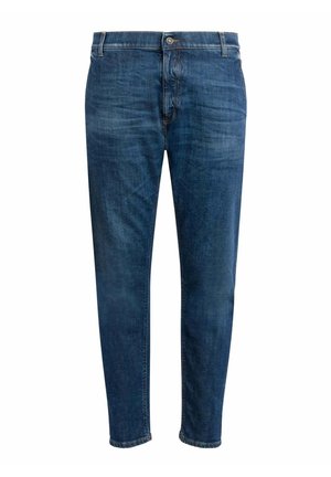 Donkerblauwe slim-fit spijkerbroek met knoopsluiting, riemlussen en subtiel vervaging op de dijen en knieën.