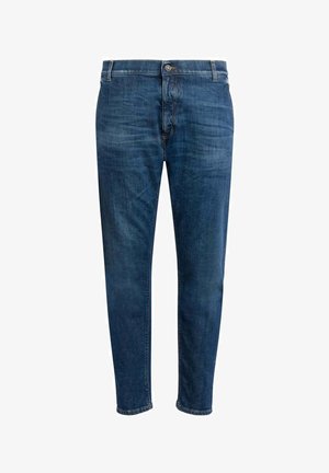 Jeans slim fit blu scuro con chiusura a bottoni, passanti per cintura e leggere scoloriture su cosce e ginocchia.